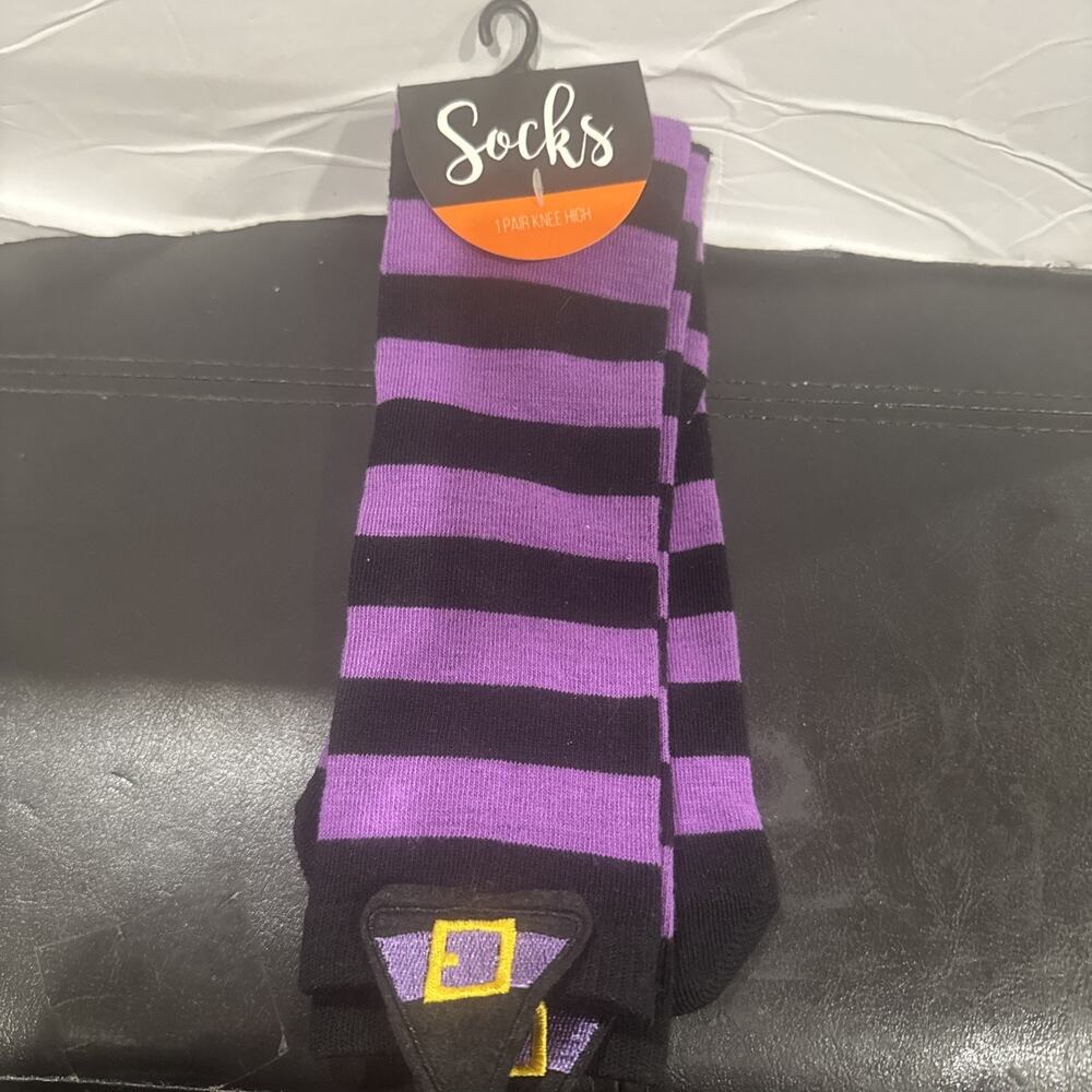 Bioworld Purple Black Striped Knee High Socks One Size Fits Most Halloween NWT